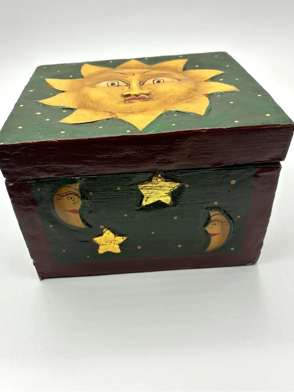 Vintage Folk Art Celestial Sun Moon Yin Yang Wooden Trinket Box